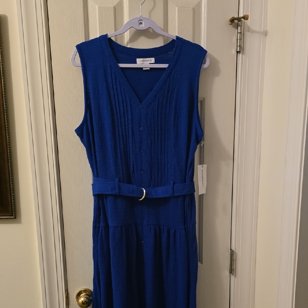 LIZ CLAIBORNE WOMENS PLUS SIZE BLUE LONG SLEEVELESS SUMMER BELTED DRESS SIZE XXL